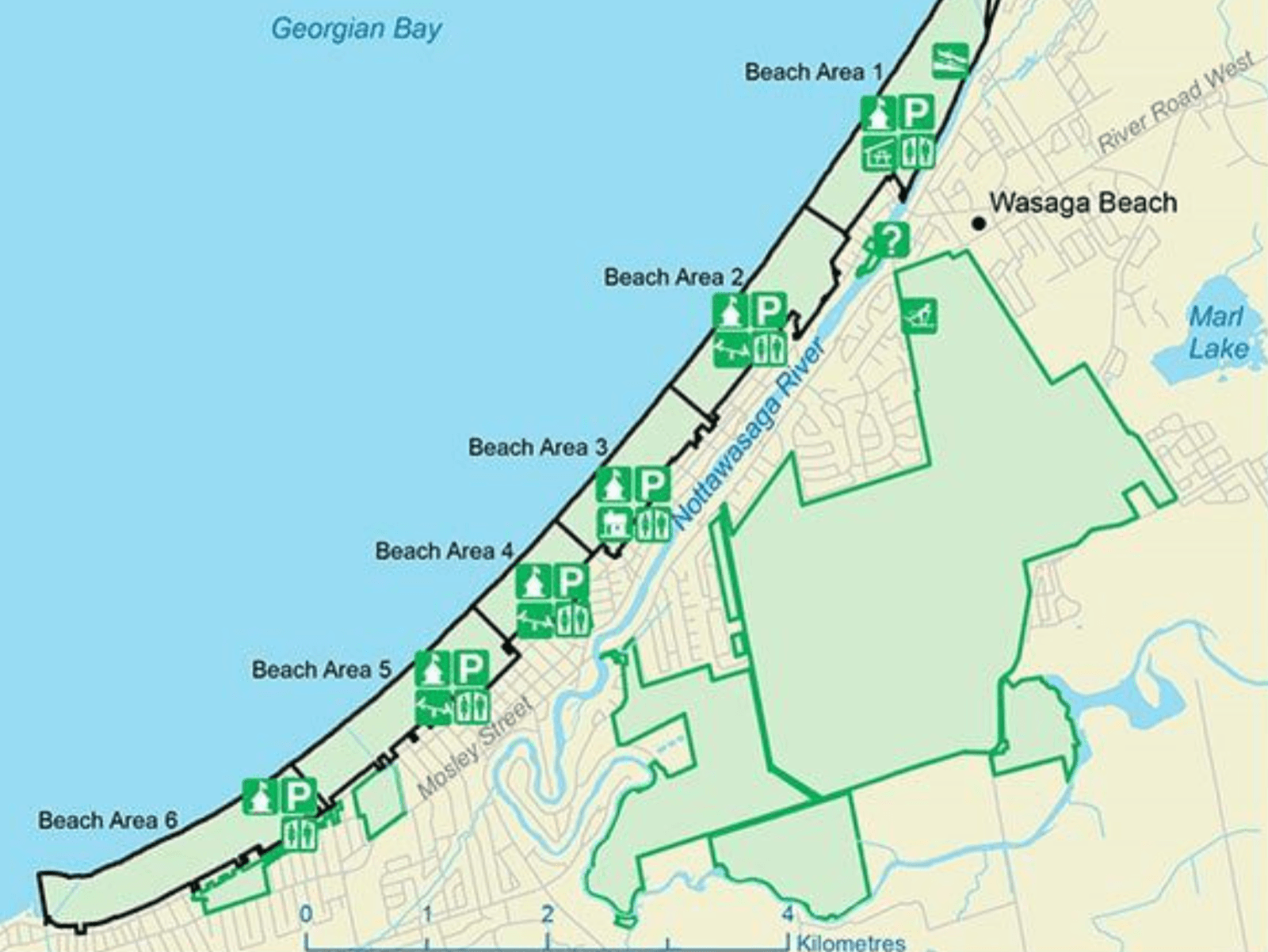 Map of the numbered beach areas along Georgian Bay, with the Nottawasaga River behind the shore